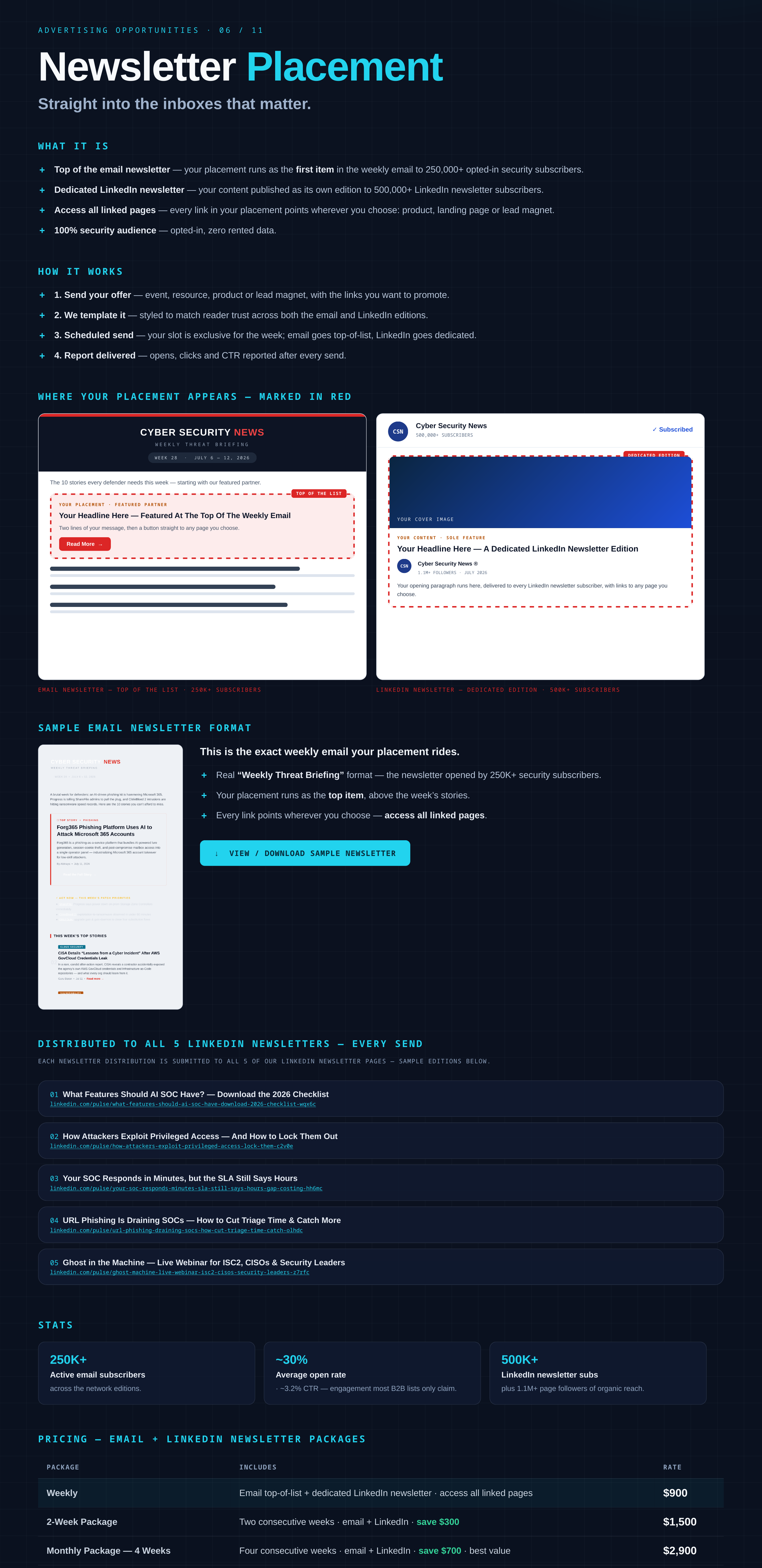 Newsletter Placement campaign placement example from the Cyber Works 2026 media kit